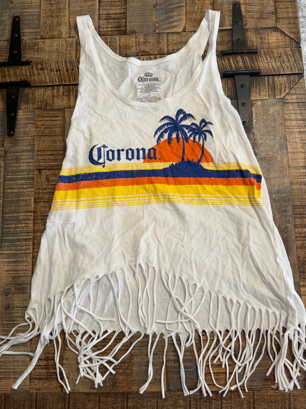 Corona White Fringe Tank with Sunset Palm Graphic